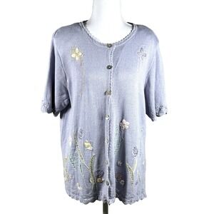 Alfred Dunner Floral Embroidered Beaded SS Cardigan Purple Womens L Read